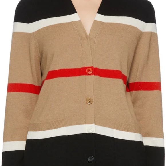 BURBERRY Tan Cashmere & Silk Striped Philippa Cardigan SzM - Picture 3 of 12